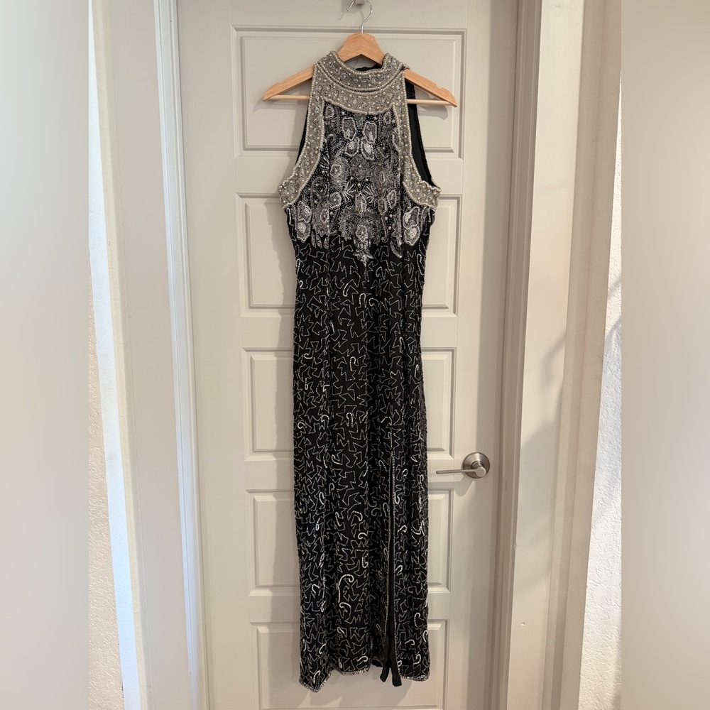 Vintage‎ Laurence Kazar Black Silver Silk Beaded Dress